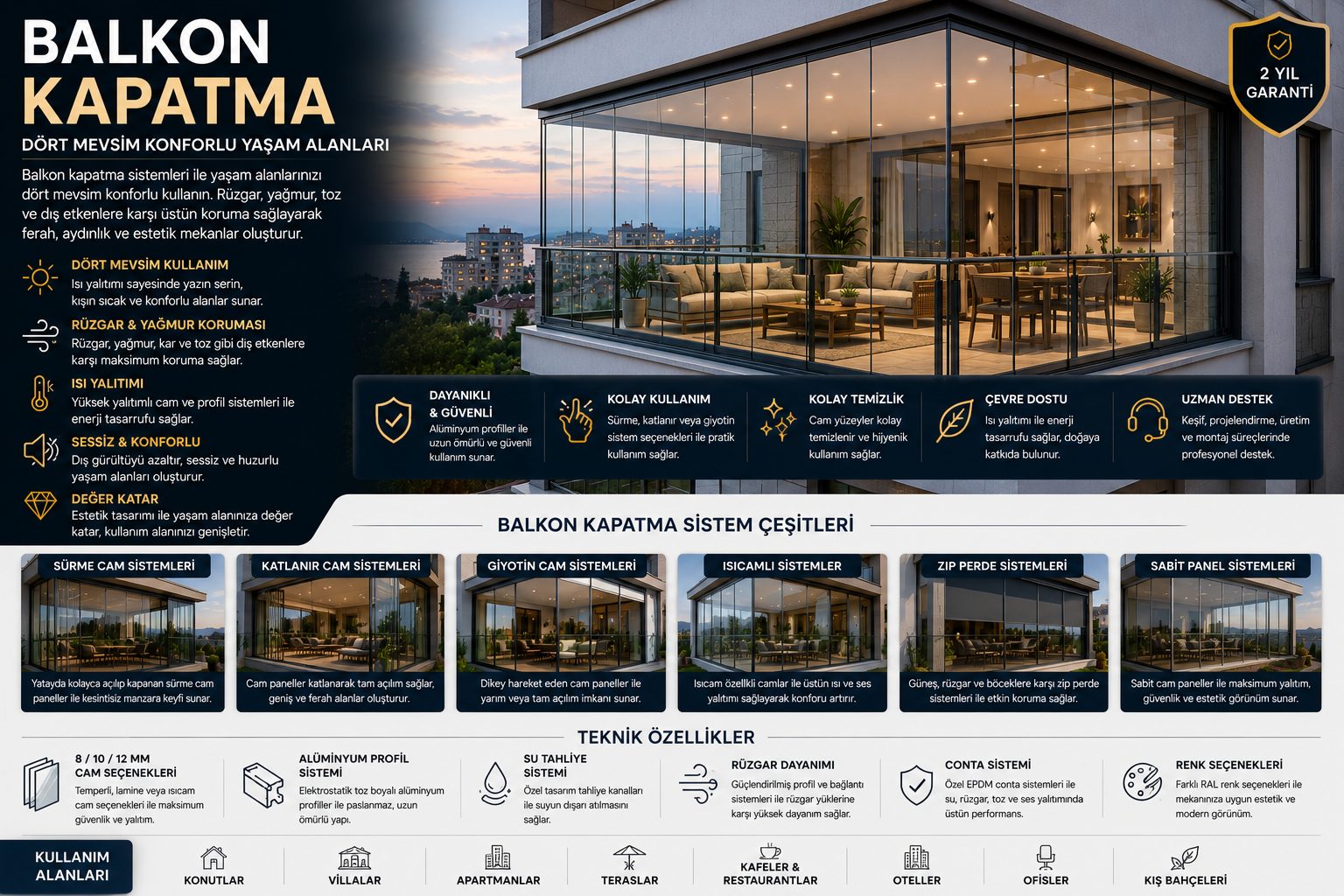 Balkon kapatma bilgi görseli: özellikler, sistem çeşitleri ve teknik detaylar tek görselde özetlenmiş. Aynı bilgiler sayfa metninde yazılı olarak da yer alıyor.