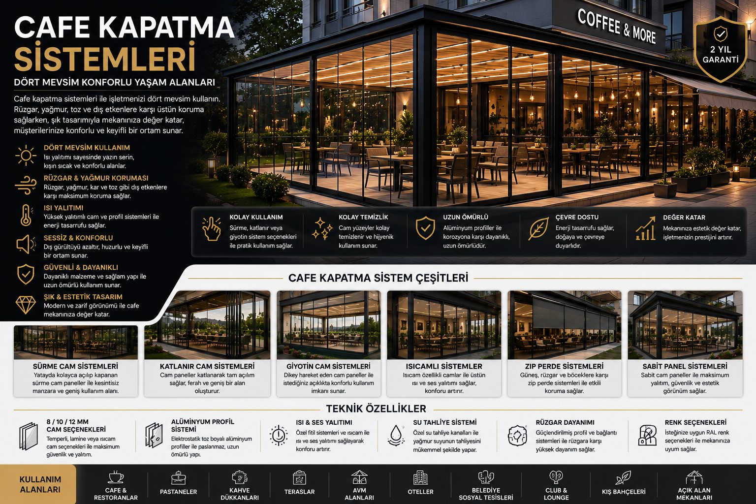 Cafe kapatma sistemleri bilgi görseli: özellikler, sistem çeşitleri ve teknik detaylar tek görselde özetlenmiş. Aynı bilgiler sayfa metninde yazılı olarak da yer alıyor.