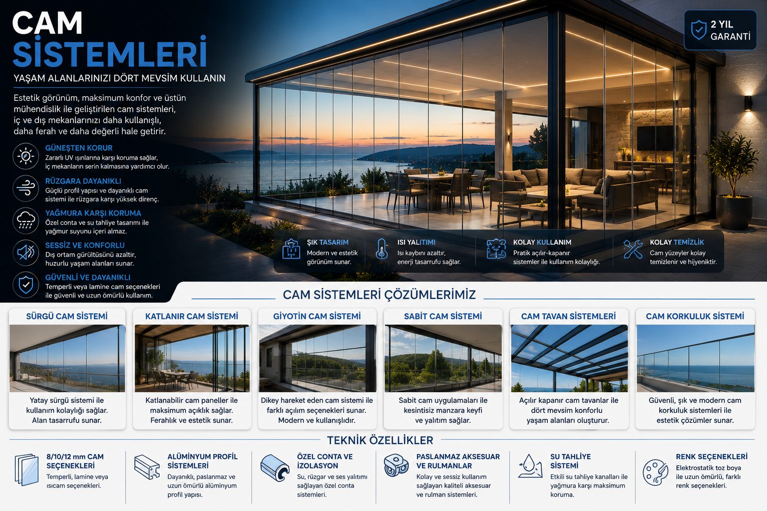 Cam sistemleri bilgi görseli: özellikler, sistem çeşitleri ve teknik detaylar tek görselde özetlenmiş. Aynı bilgiler sayfa metninde yazılı olarak da yer alıyor.