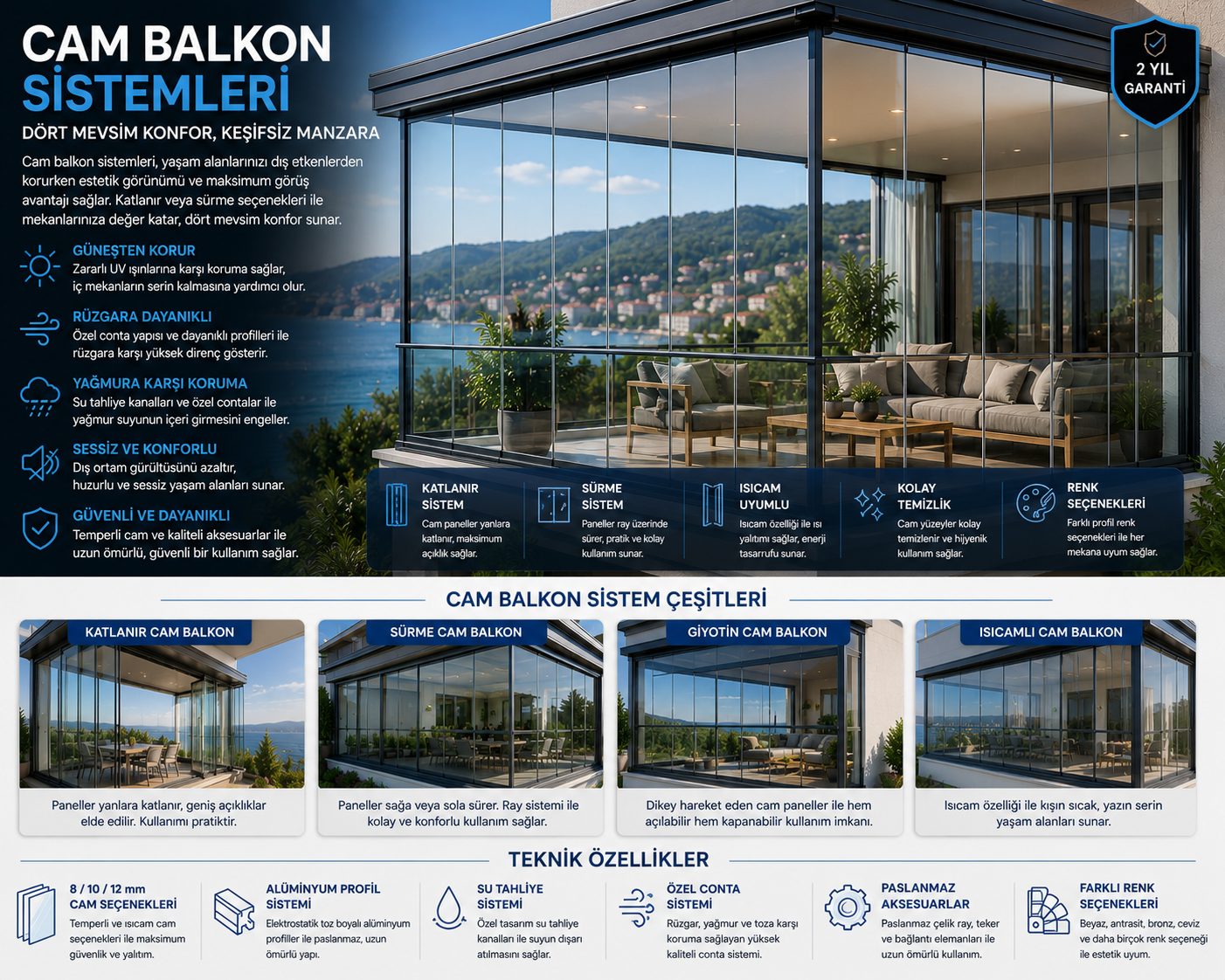 Cam balkon sistemleri bilgi görseli: özellikler, sistem çeşitleri ve teknik detaylar tek görselde özetlenmiş. Aynı bilgiler sayfa metninde yazılı olarak da yer alıyor.