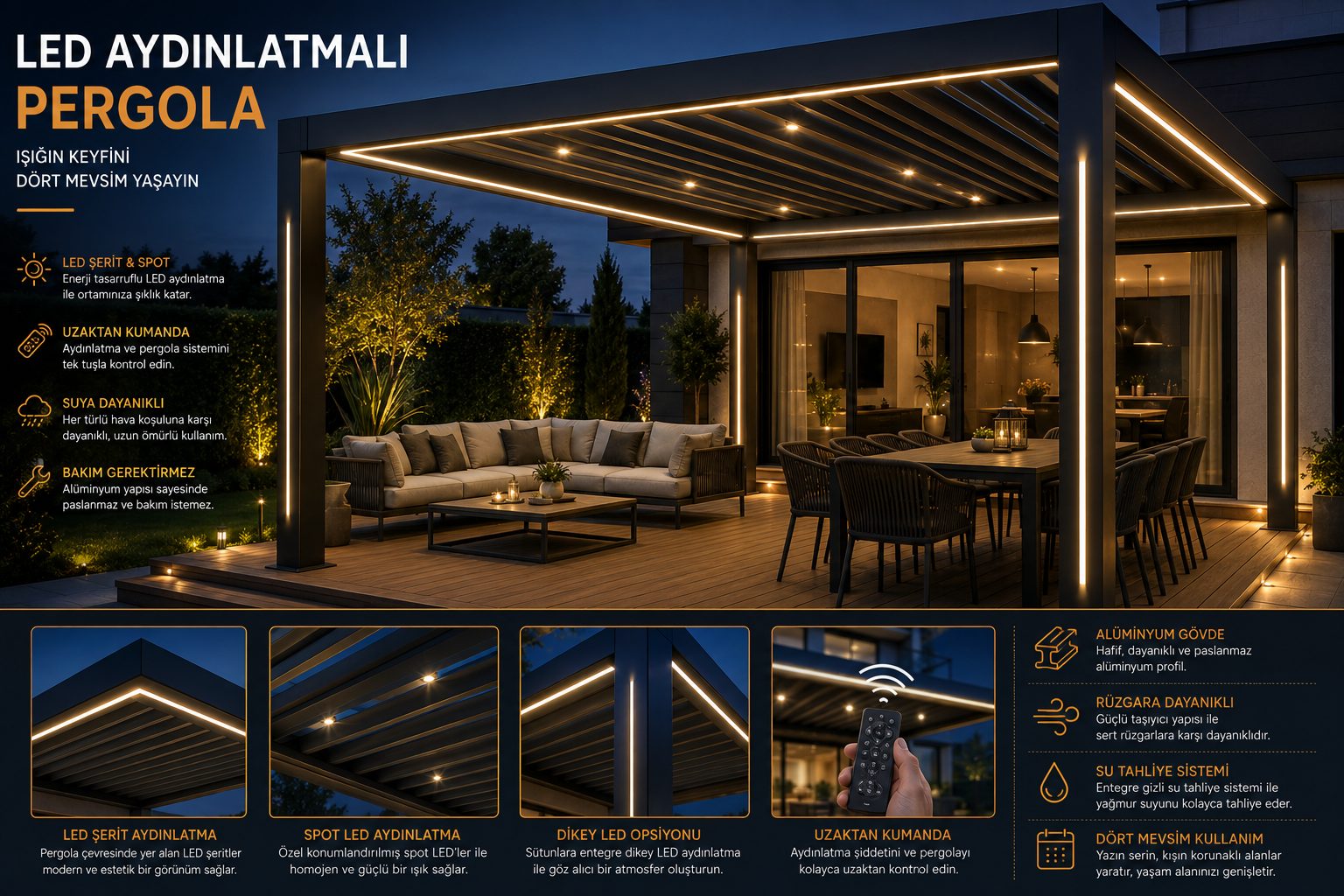 LED aydınlatmalı pergola bilgi görseli: özellikler, sistem çeşitleri ve teknik detaylar tek görselde özetlenmiş. Aynı bilgiler sayfa metninde yazılı olarak da yer alıyor.