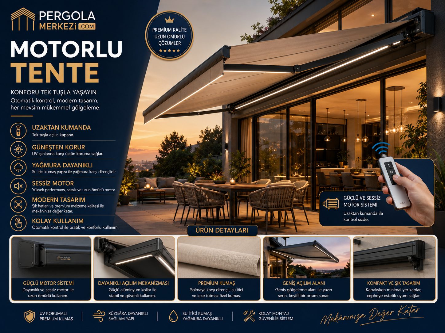 Motorlu tente bilgi görseli: özellikler, sistem çeşitleri ve teknik detaylar tek görselde özetlenmiş. Aynı bilgiler sayfa metninde yazılı olarak da yer alıyor.