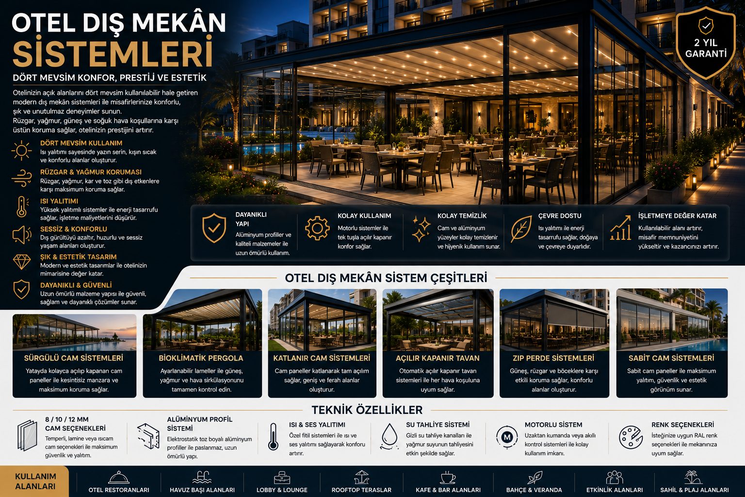 Otel dış mekân sistemleri bilgi görseli: özellikler, sistem çeşitleri ve teknik detaylar tek görselde özetlenmiş. Aynı bilgiler sayfa metninde yazılı olarak da yer alıyor.