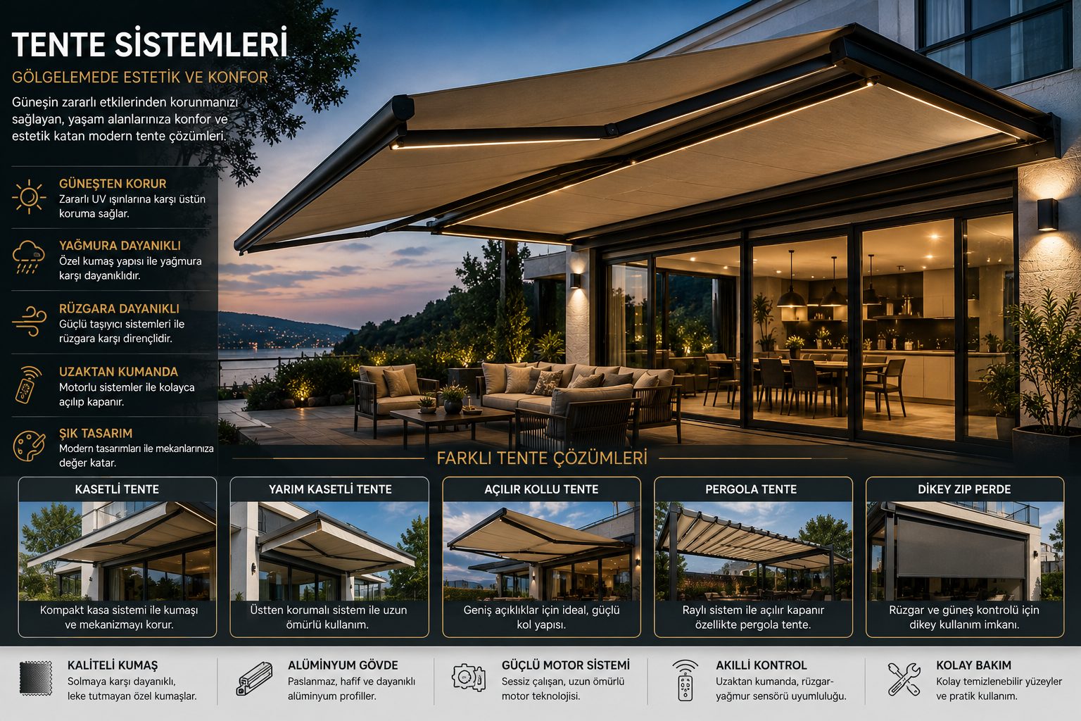 Tente sistemleri bilgi görseli: özellikler, sistem çeşitleri ve teknik detaylar tek görselde özetlenmiş. Aynı bilgiler sayfa metninde yazılı olarak da yer alıyor.