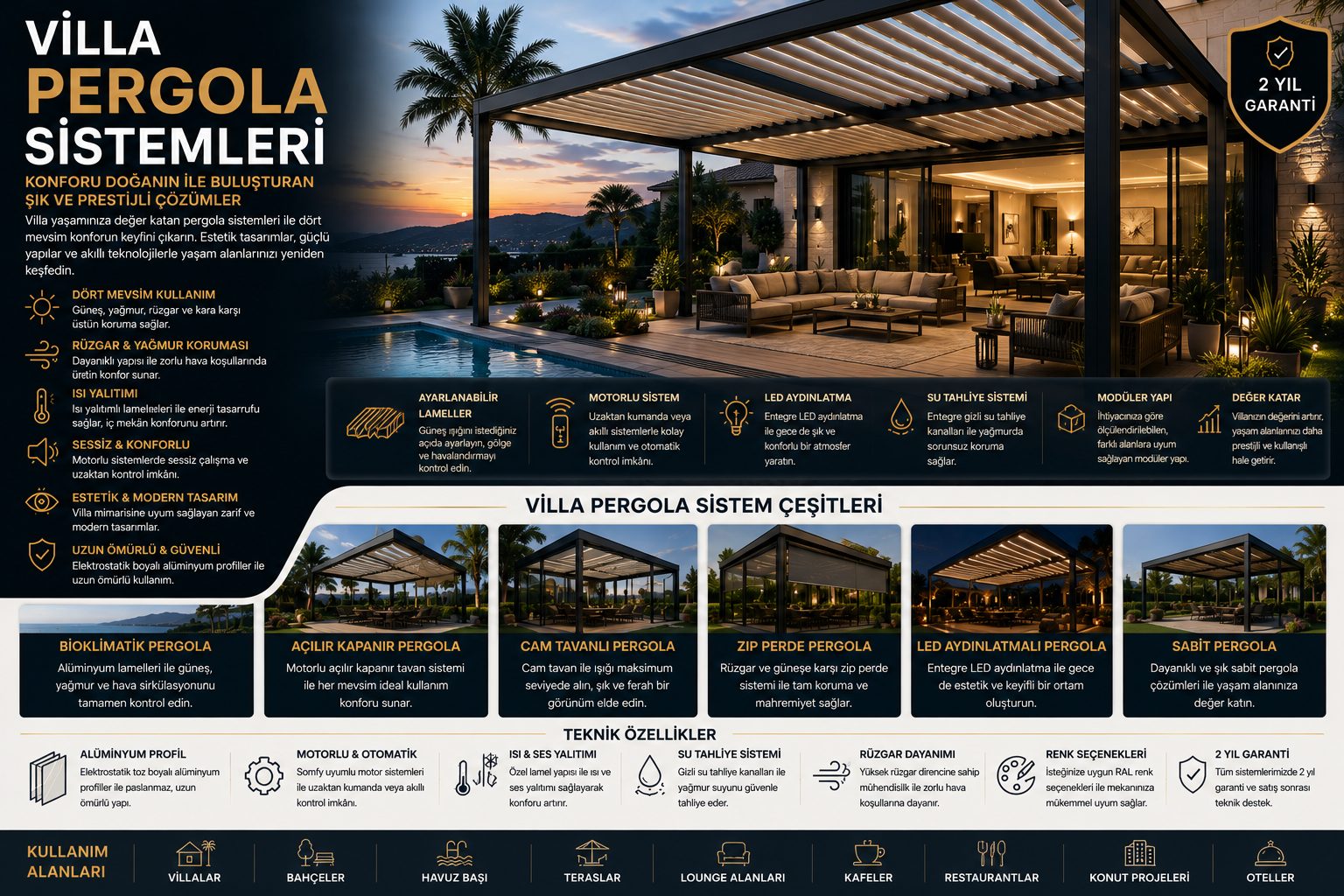 Villa pergola sistemleri bilgi görseli: özellikler, sistem çeşitleri ve teknik detaylar tek görselde özetlenmiş. Aynı bilgiler sayfa metninde yazılı olarak da yer alıyor.