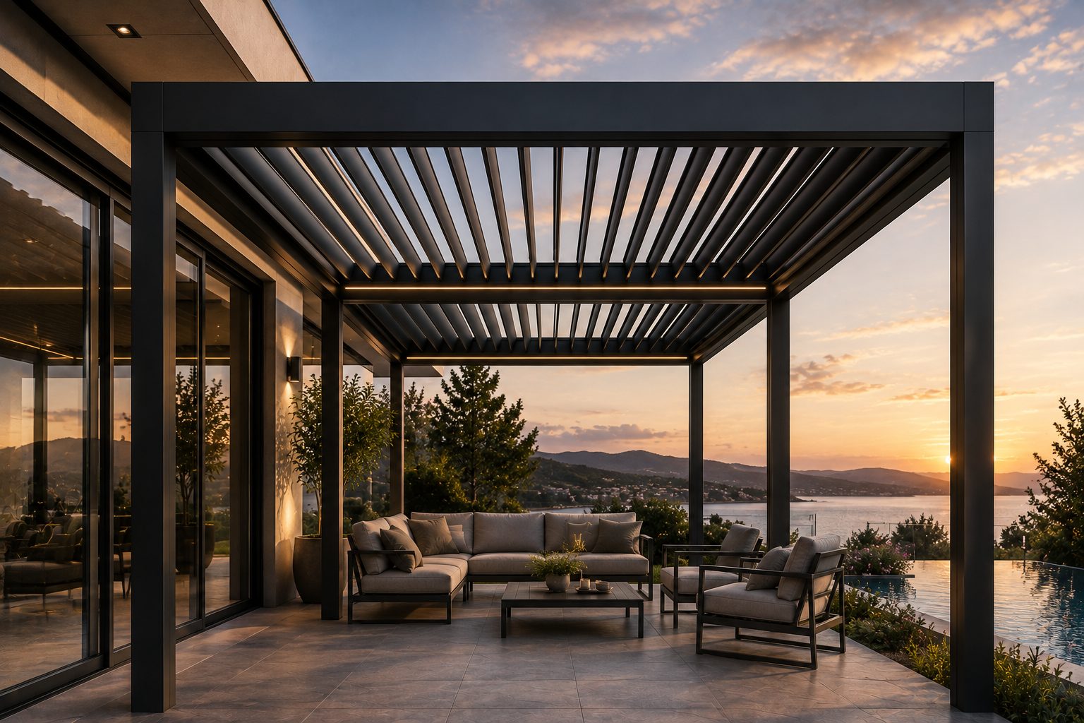 Deniz manzaralı terasta bioklimatik pergola; alüminyum lameller yarı açık konumda, altında oturma grubu.