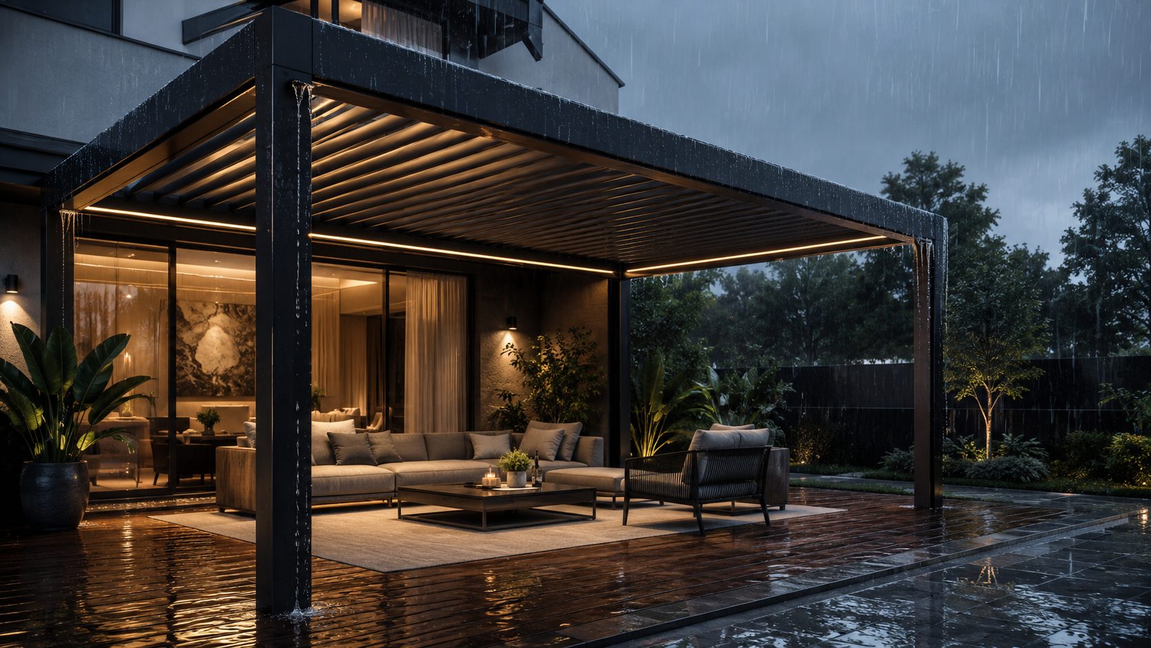 Yağmur altında lamelleri kapalı pergola; su zeminde birikmiş, altındaki oturma alanı kuru ve aydınlatılmış.