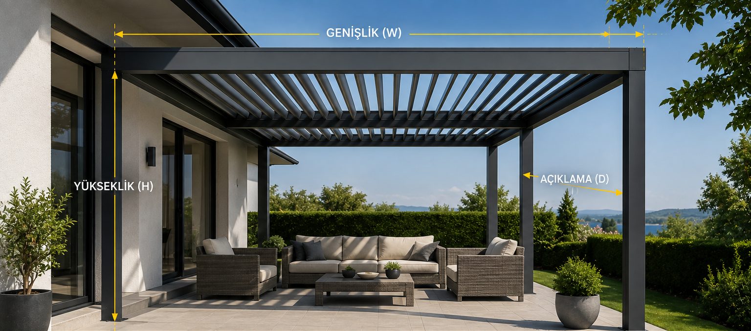 Pergola ölçüsü alınırken kullanılan üç ölçü, fotoğraf üzerinde oklarla gösteriliyor: genişlik (W), yükseklik (H) ve açıklama derinliği (D).